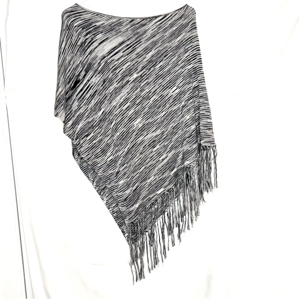 BcbgMaxazria Silk Poncho Cape Black and White with Asymmetrical Fringe